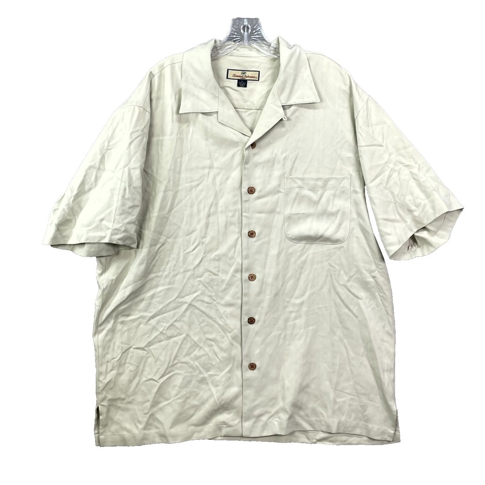 Tommy Bahama Camp Shirt Men XL Beige Plaid Silk Birdie Watching Golf Logo Sports